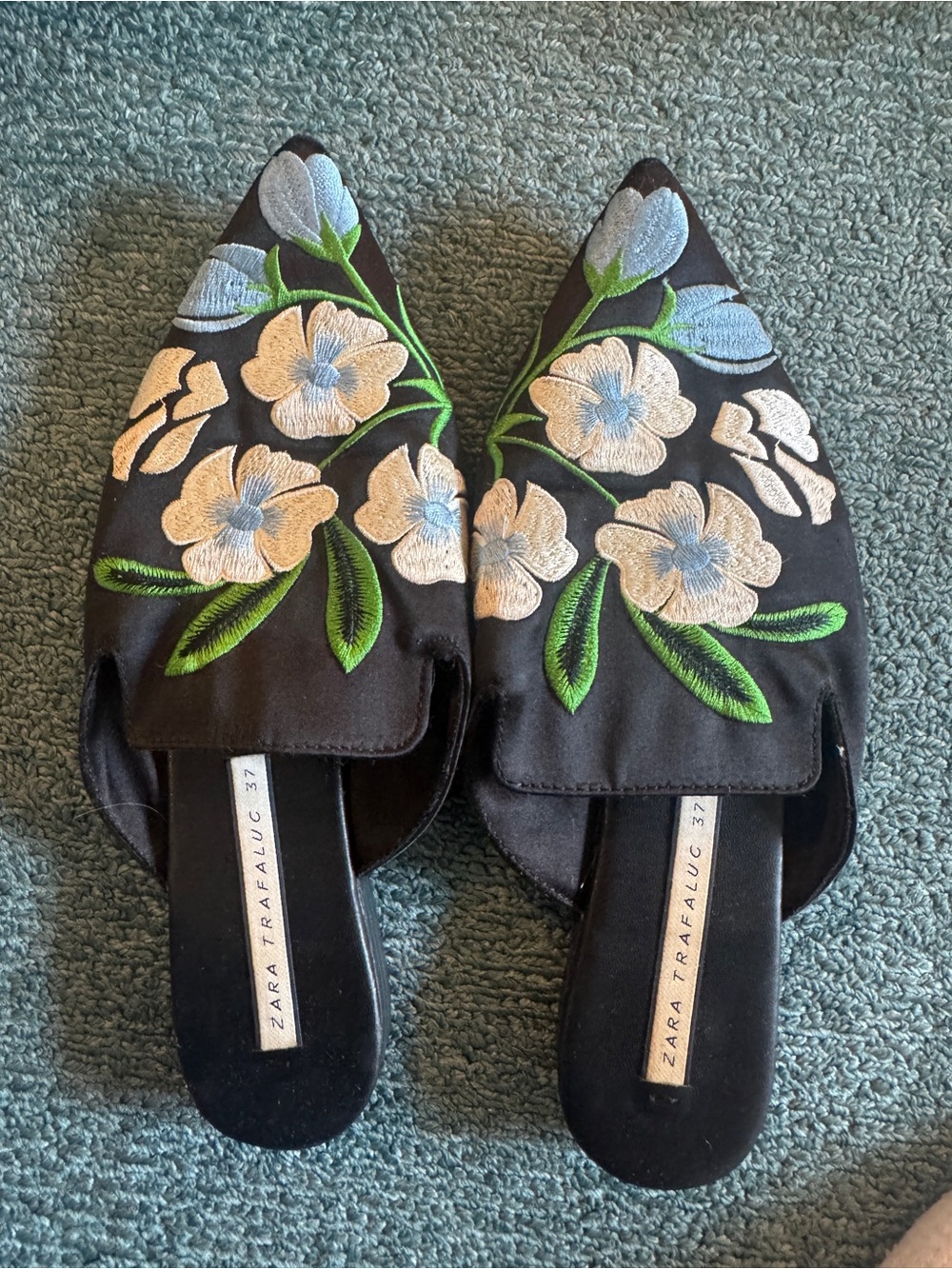 Zara Black Floral Embroidered Pointed Mules